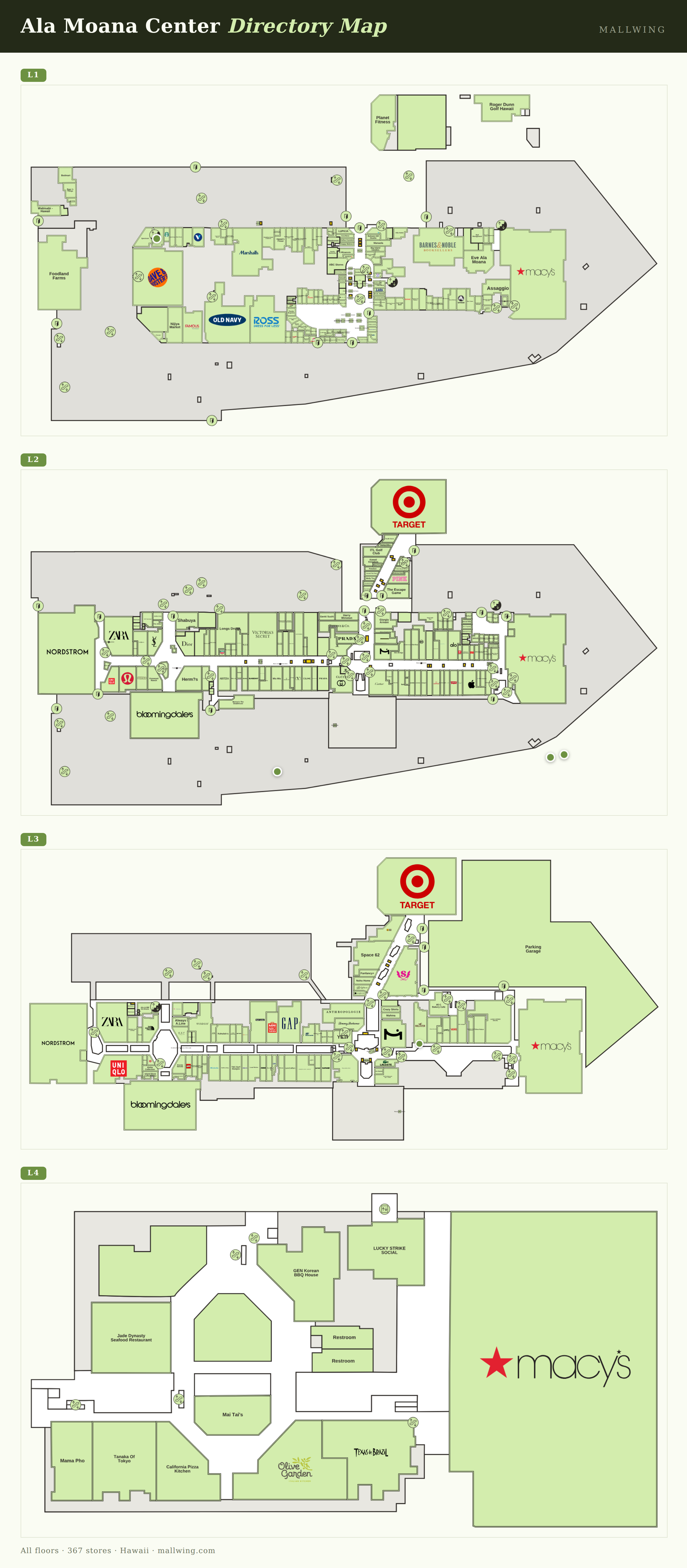 Ala Moana Center directory map: all floor plans with store locations