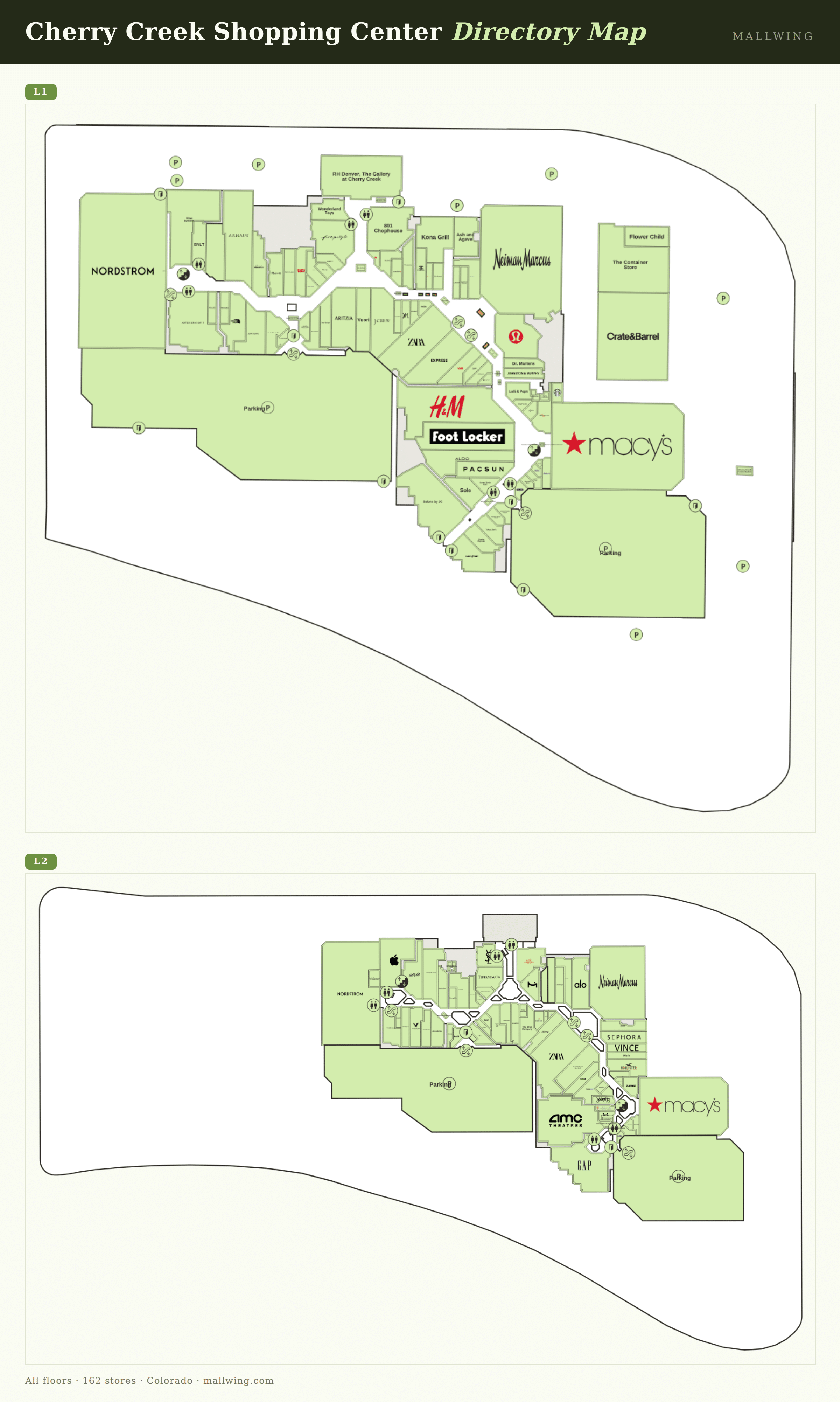 Cherry Creek Shopping Center directory map: all floor plans with store locations