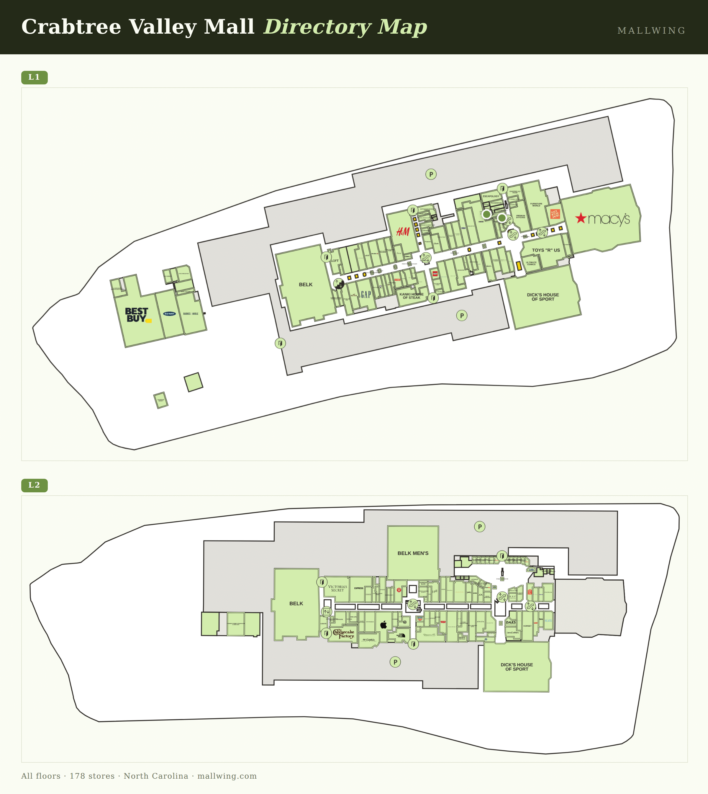 Crabtree Valley Mall directory map: all floor plans with store locations