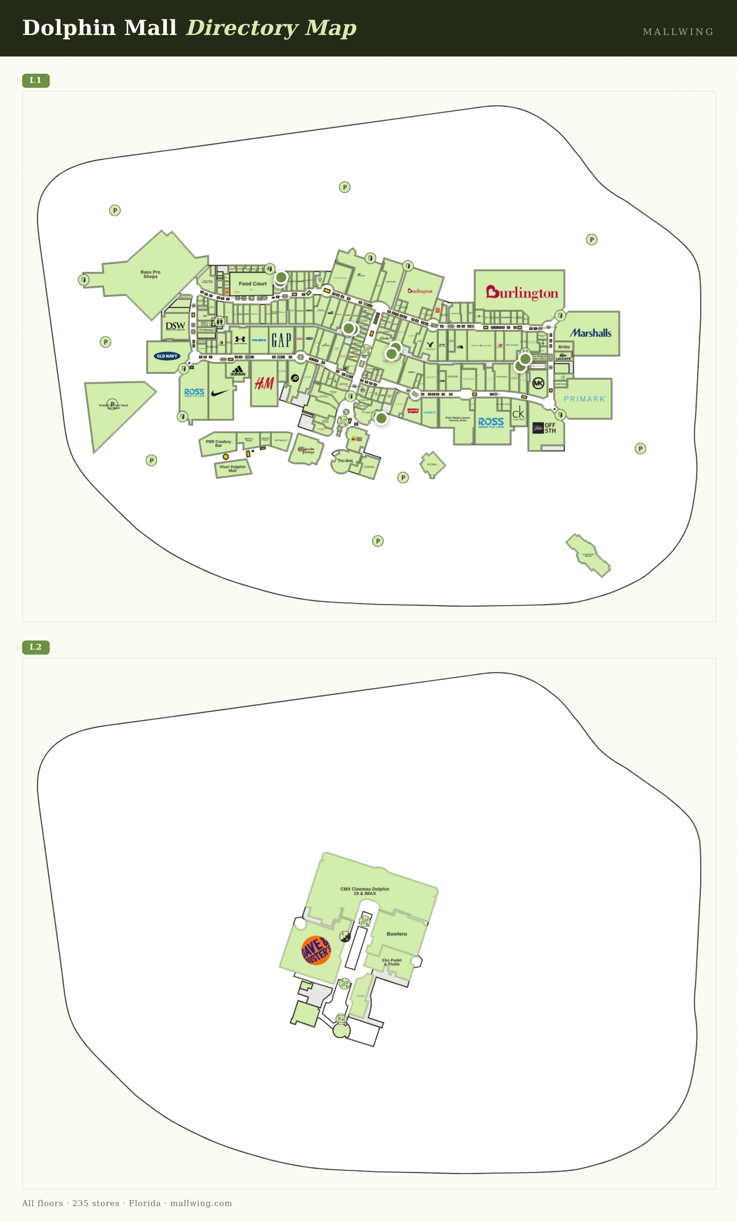 Dolphin Mall directory map: all floor plans with store locations