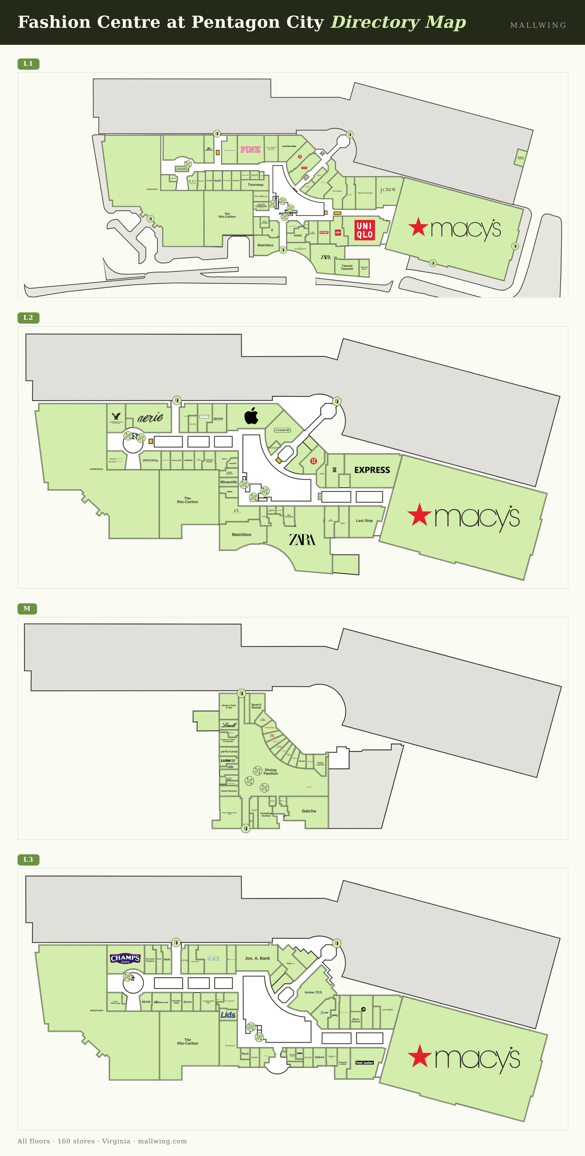 Fashion Centre at Pentagon City directory map: all floor plans with store locations
