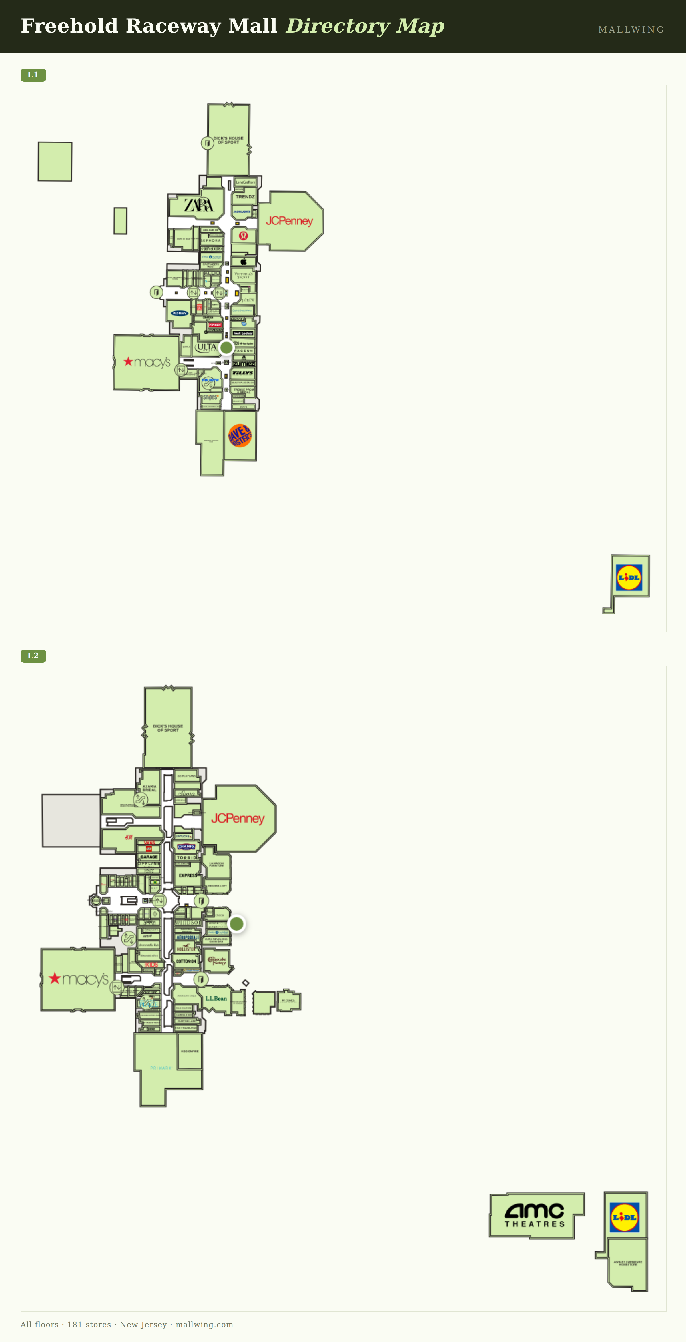 Freehold Raceway Mall directory map: all floor plans with store locations