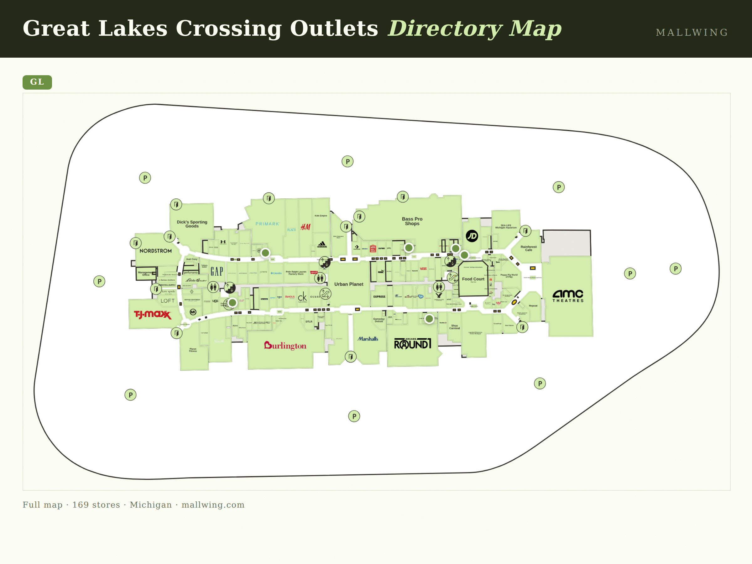 Great Lakes Crossing Outlets directory map: all floor plans with store locations