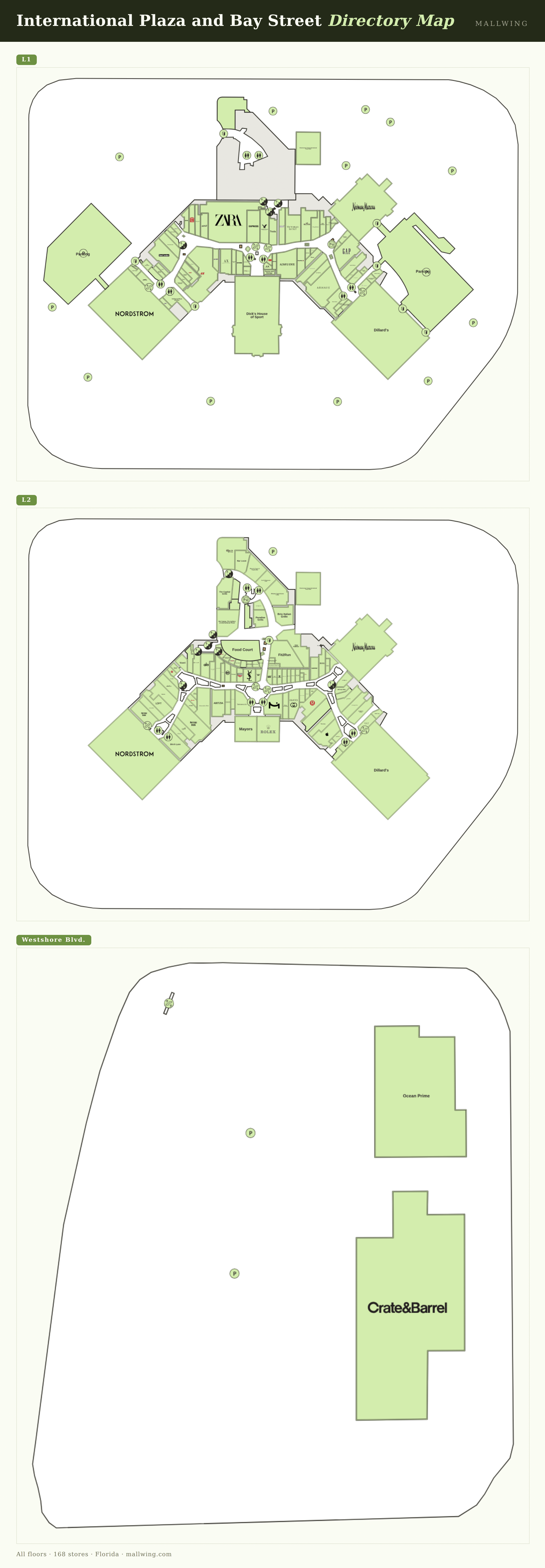 International Plaza and Bay Street directory map: all floor plans with store locations