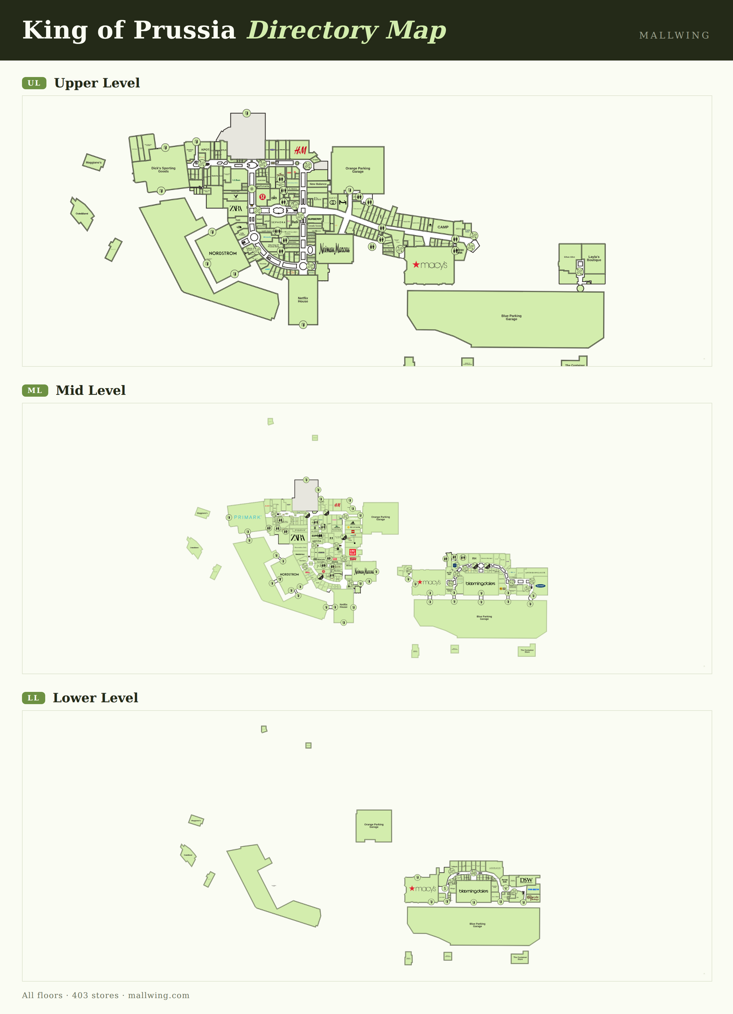 King of Prussia mall map: Upper, Mid and Lower Level floor plans