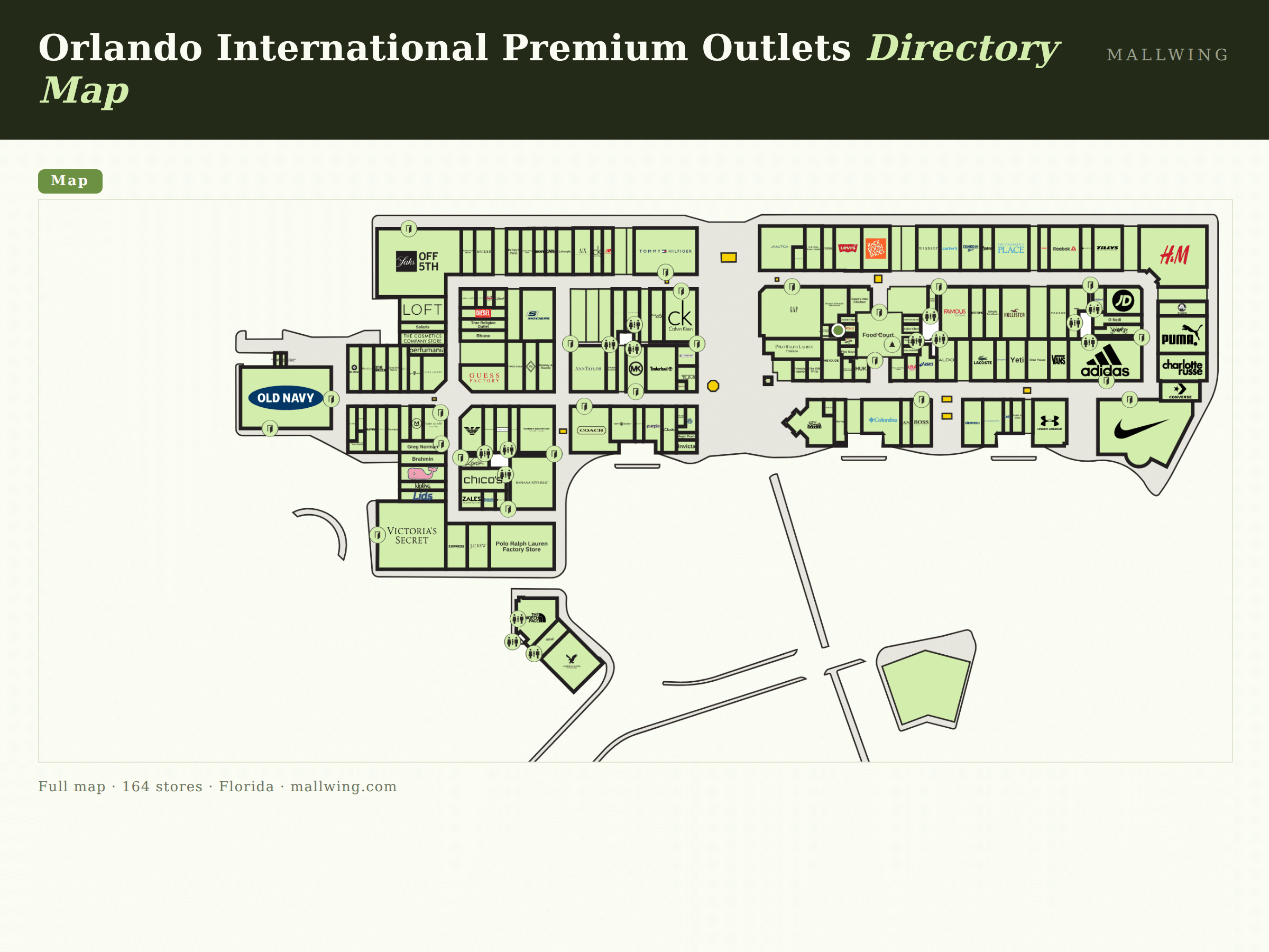 Orlando International Premium Outlets directory map: all floor plans with store locations