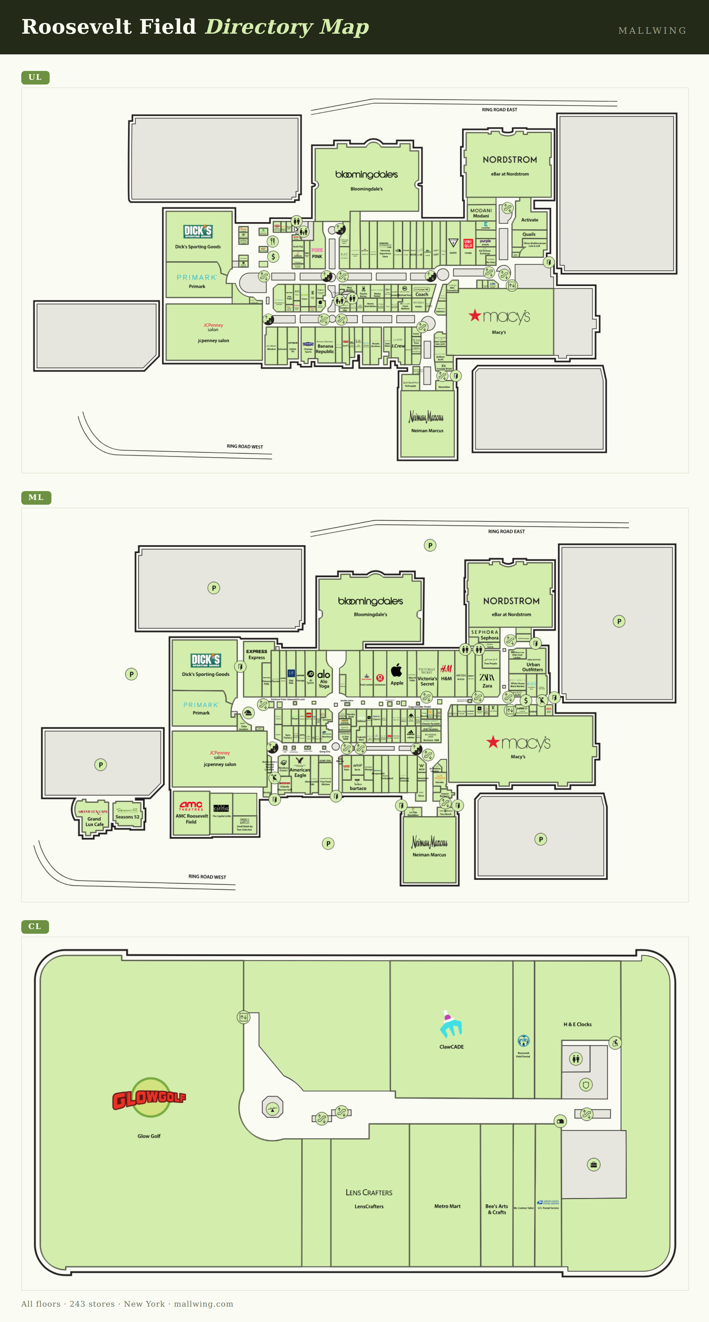 Roosevelt Field directory map: all floor plans with store locations