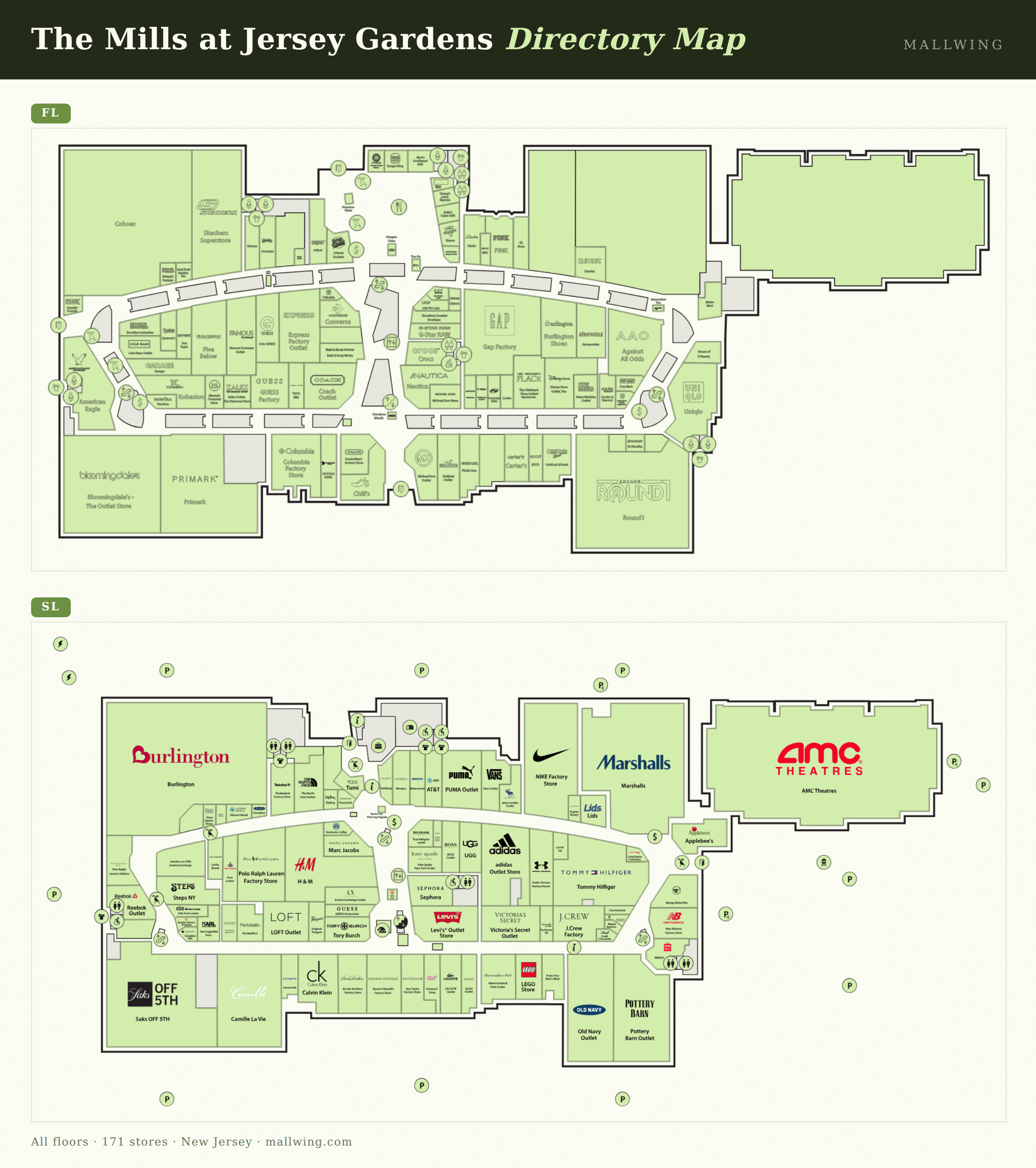 The Mills at Jersey Gardens directory map: all floor plans with store locations