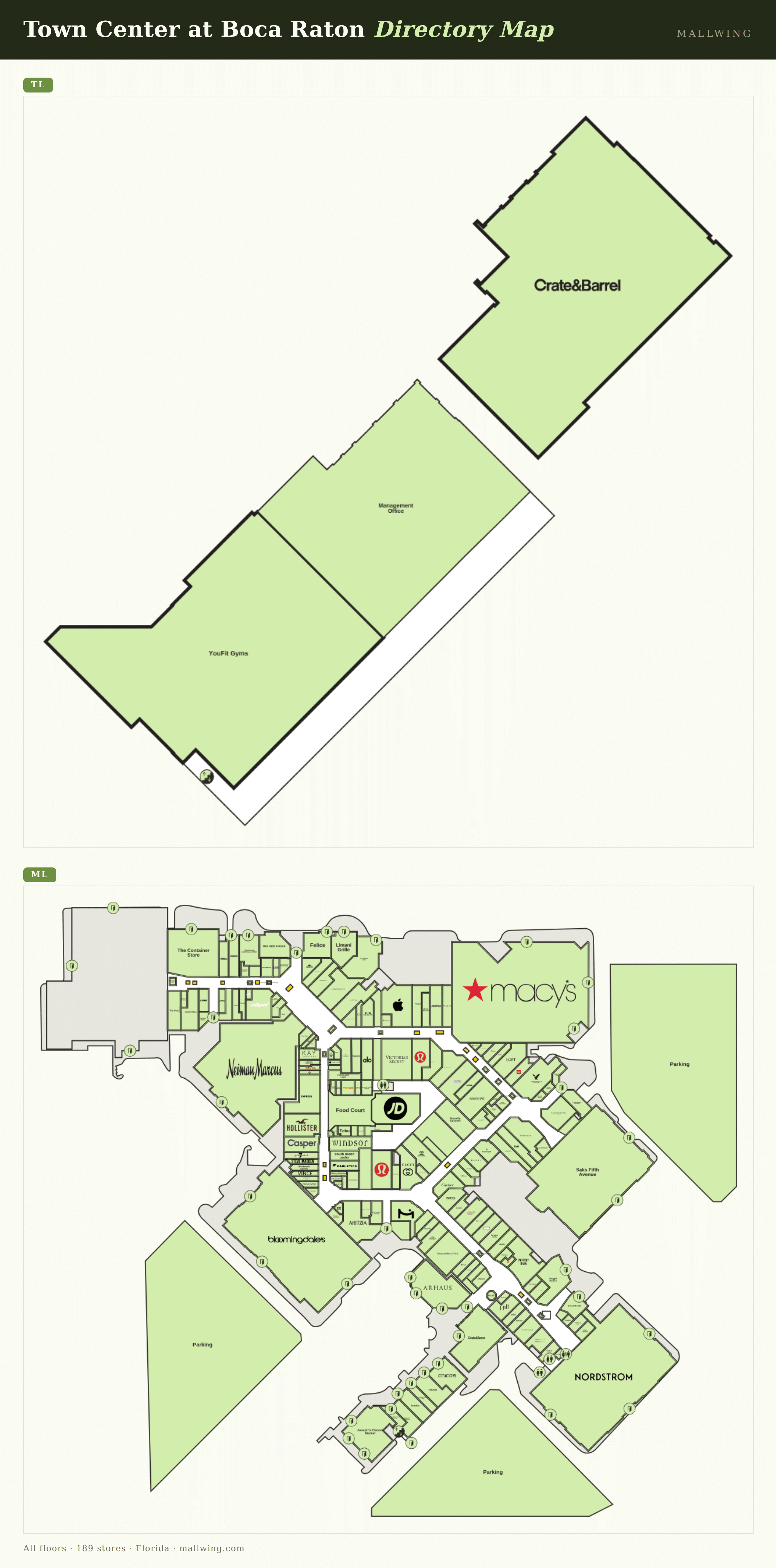 Town Center at Boca Raton directory map: all floor plans with store locations
