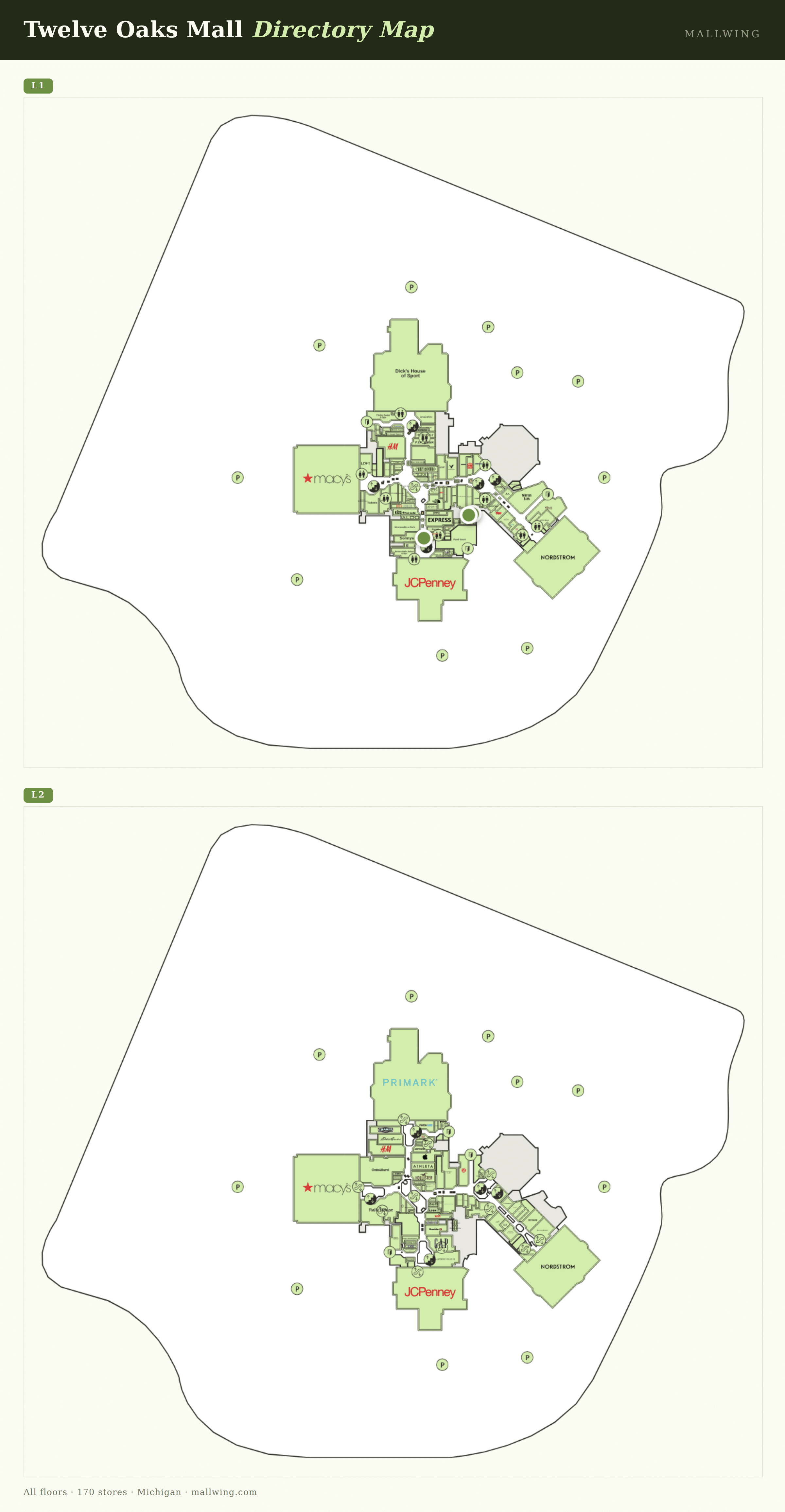 Twelve Oaks Mall directory map: all floor plans with store locations