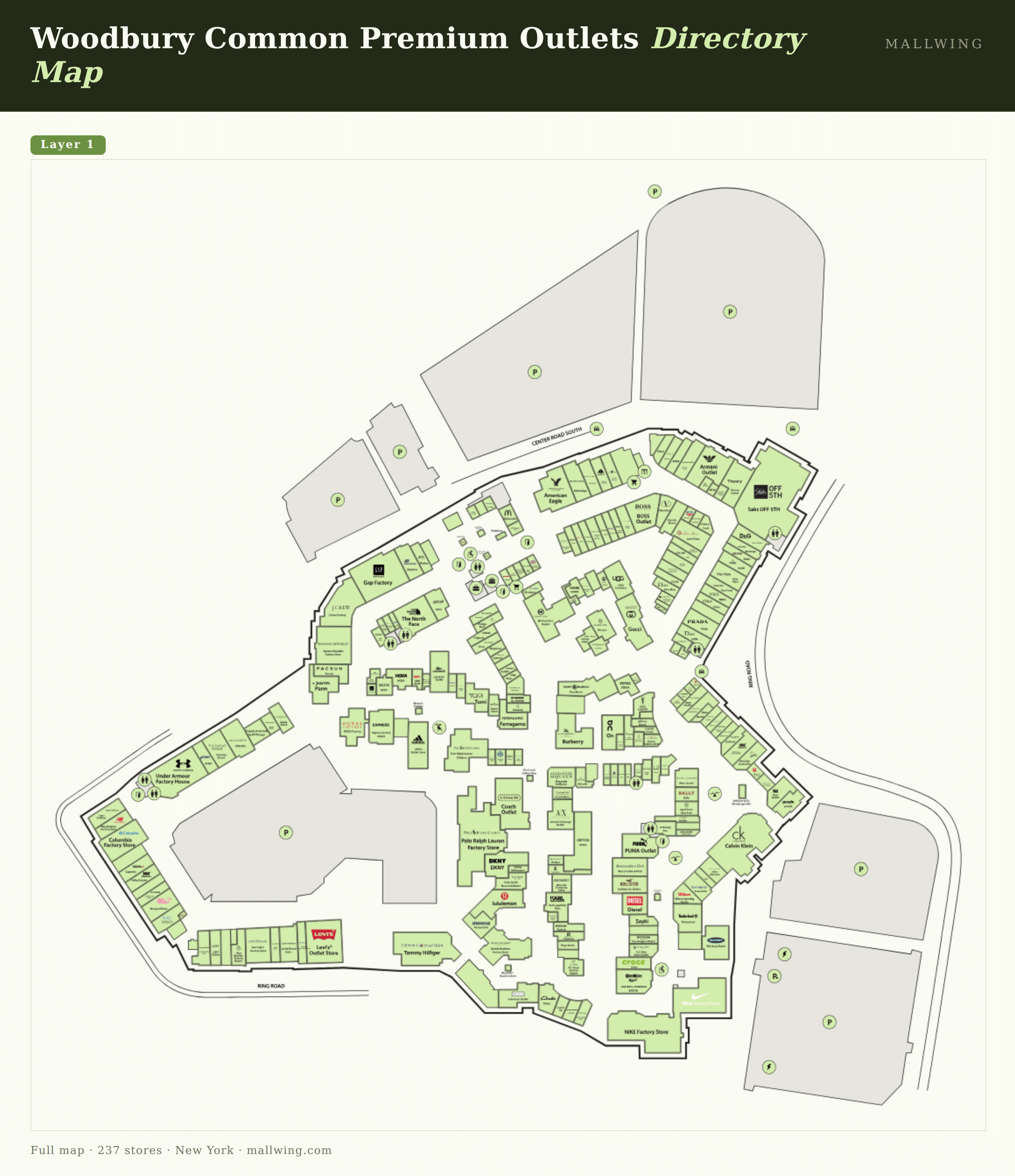 Woodbury Common Premium Outlets directory map: all floor plans with store locations