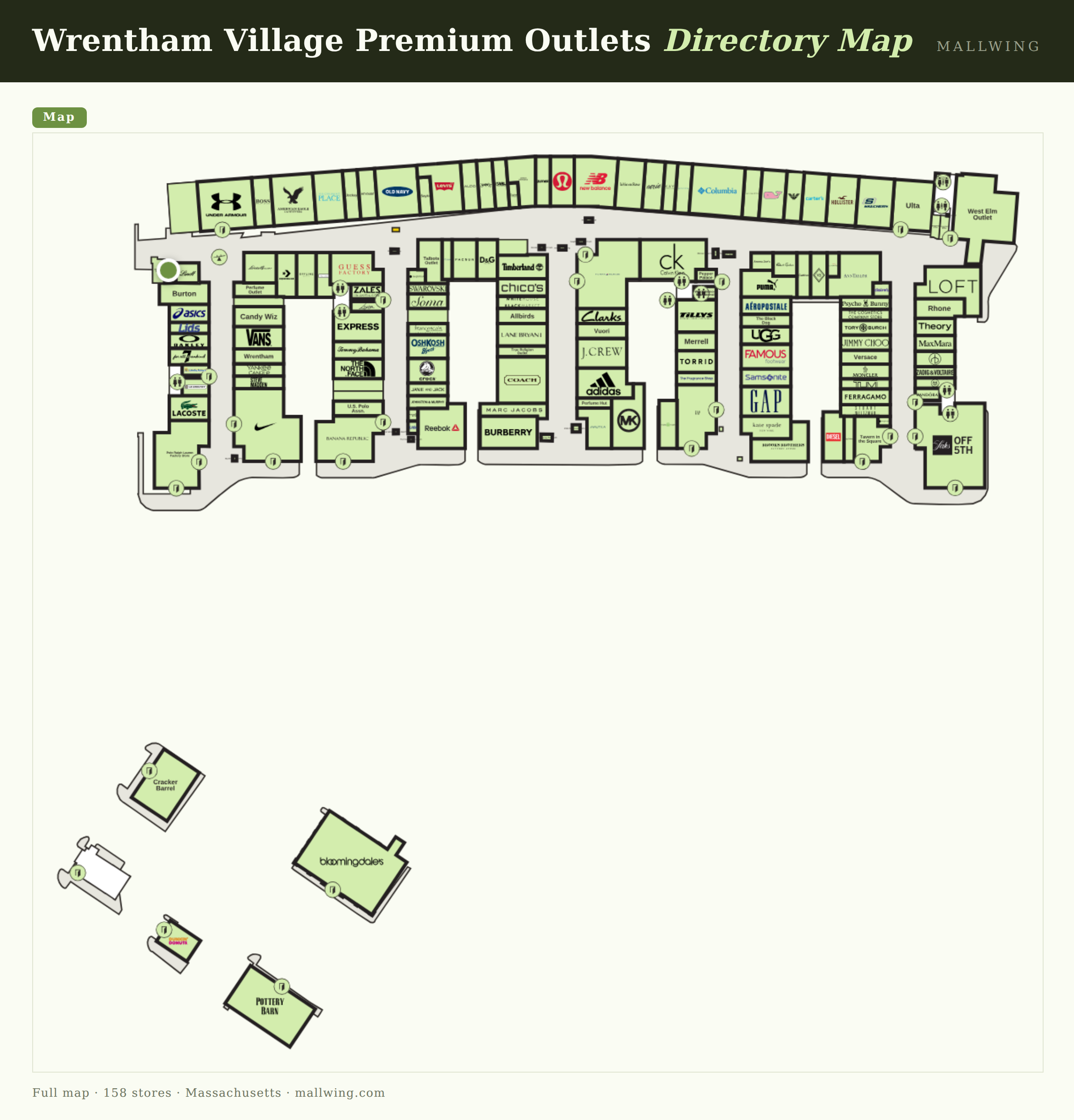 Wrentham Village Premium Outlets directory map: all floor plans with store locations